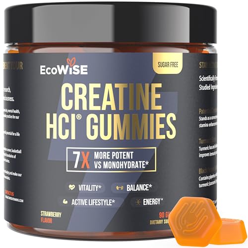 EcoWise Wellness Creatine HCL Gummies 750mg, Chewable Gummies for Men & Women, Sugar-Free, Vegan, HCL Creatine for Active Lifestyle, Strawberry Flavor, 90 Count