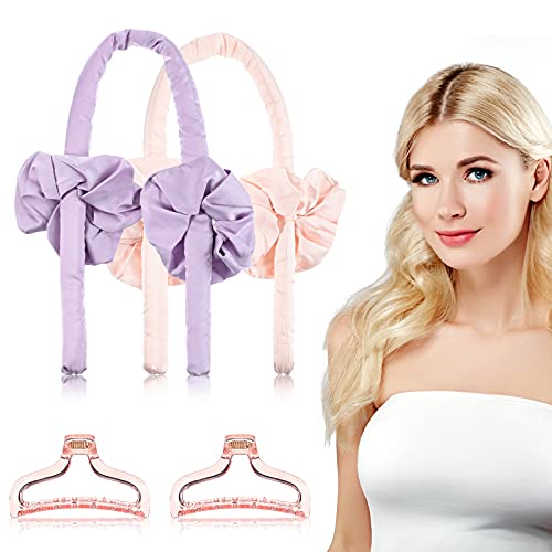 2 Pieces Women Heatless Hair Curlers for Long Hair Sleep in Overnight, Heatless Curls Ribbon No Heat Curls Silk Ribbon Curling Rod Headband with Hair Claw and Scrunchie (Purple, Pink,31 Inch)
