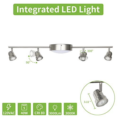 4 Light Track Lighting Kit, With Flush Mount Ceiling Light (15W), Brushed Nickel Integrated Led Modern Track Lighting Kit, Flexibly Rotatable Light Head (6W, Warm White 3000K, 3000Lm) Etl Listed #TOP1