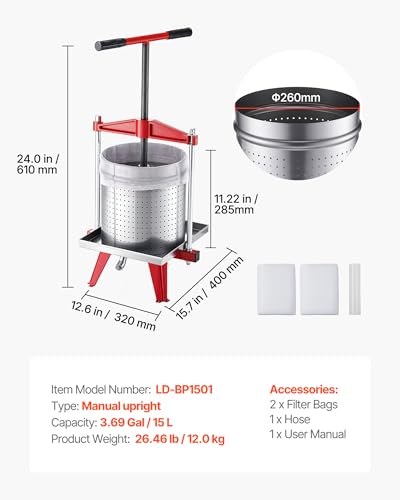 Image of VEVOR Fruit Wine Press, 3.96Gal /15L, Stainless Steel Manual Juice Maker, Heavy Duty T-Shaped Handle & Cross-beam for Cider Apple Grape Vegetable Press, with 2 Filter Bags, for Kitchen Home Brewing