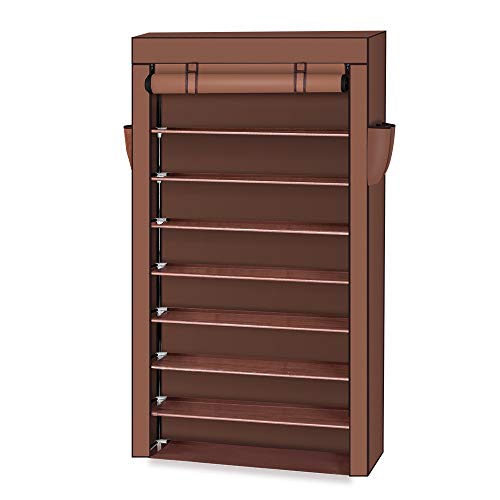 WEI WEI GLOBAL 10-Tier Shoe Rack, 36-45 Paris Shoe Storage Organizer with Dustproof Cover, Shoe Cabinet Tower Shelf Closet, Brown
