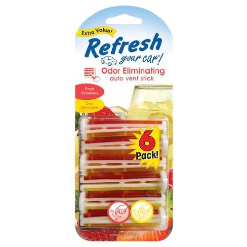 Refresh Your Car Odor Eliminating Auto Vent Stick Car and Home Air Freshener, Fresh Strawberry/Cool Lemonade Scent, 6 Sticks