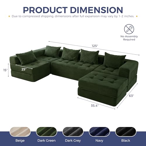 Image of MAXYOYO Modular Sectional Sofa Couch, Foldable U Shaped Cloud Couch with Pillows, Tufted 6-Seat Boneless Sofa Lounger for Living Room, No Assembly Required, Dark Green