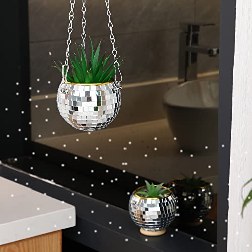 Remerry 12 Pcs 4 Inch Silver Disco Ball Planter Mirror Ball Boho Hanging Planter Flower Pots Vase With Chain And Wooden Rings For Indoor Outdoor Plants Succulents Cacti Flowers Home Decorations #TOP1