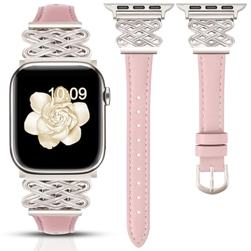 Image of Newlibery Leather Band for Women Slim Dressy Bands Compatible with Apple Watch 38mm 40mm 41mm 42mm 44mm 45mm 49mm, Designer Interlock Buckle Strap for iWatch Series 10 /9 /8 /7 /6 /5 /4 /3 /2 /1 /SE /Ultra