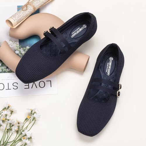 Image of Frank Mully Women's Flats Square Toe Mary Jane Shoes Ballet Flats with Strap Comfortable Slip On Knit Shoes Dressy Casual