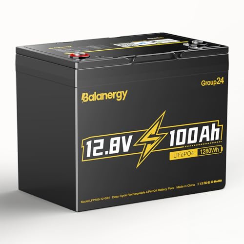 Balanergy 12V 100Ah LiFePO4 Battery - BCI Group 24, 15000 Deep Cycles, 1280W Rechargeable Lithium Batteries, Low-Temperature Protection, Perfect for RVs, Trolling Motor, Marine, Golf Cart
