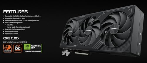 Image of GIGABYTE Windforce GeForce RTX 5090 OC 32GB GDDR7 Graphic Card GPU GV-N5090WF3OC (Blackwell Architecture and DLSS, 3 Fans, Reinforced Structure, Server-Grade Thermal Conductive Gel) with HDMI Cable.