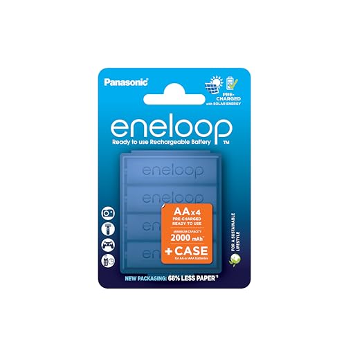eneloop, Pilas Recargables AA/Mignon, Paquete de 4 con Caja Azul, Capacidad de mín. 2000 mAh, Pilas Ni-MH, Listas para Usar, Recargables hasta 2000 Veces, Embalaje sin plástico, Standard, Blancas