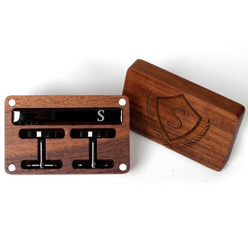 Image of Mens Initial Cufflinks and Tie Clip A-Z Alphabet Letter Black Stainless Cuff Links Tie Bar with Engraved Walnut Wood Box Groom Groomsman Wedding Set