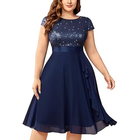 Knitee Women's Plus Size Elegant Sequin Chiffon Ruffle Hemline Glitter Cocktail Prom Flowy Dress A-Navy Blue Cover