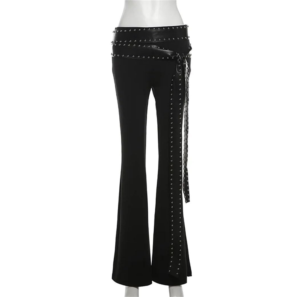 Pantaloni a Zampa a Vita Alta da Donna, Pantaloni Casual in Stile Gotico, Pantaloni Aderenti con Cintura in Pelle (Nero M)
