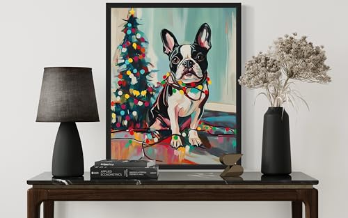 Image of Boston Terrier Christmas Black Framed Wall Art Print Poster, Dog Pet Lover Picture Painting Artwork Bedroom Living Room Office Dining Room 150D (Boston Terrier Christmas, 10 inch L x 8 inch W, Black Frame)