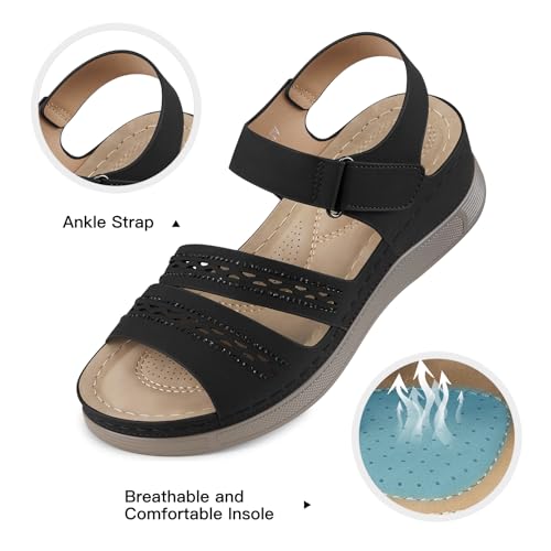 SHIBEVER Wedge Sandals for Women Dressy: Summer Walking Sandals Woman Comfortable - Casual Open Toe Rhinestone Low Wedge Shoes with Ankle Strap3