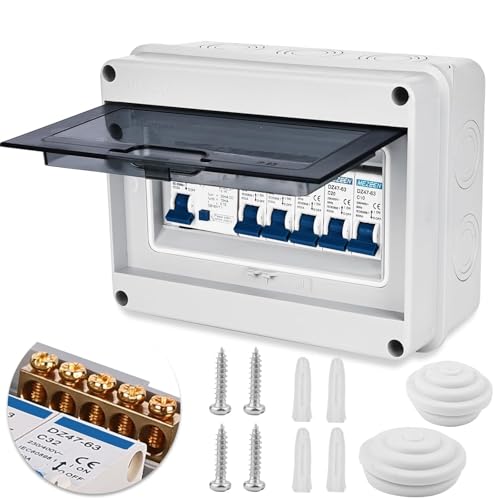 SPORWAY Unidad de consumo 4 vías para caravana, taller, caja de fusibles, disyuntor, caja de distribución con carcasa IP65, 63 A, 2 x 6 A+10 A+20 A+32 A