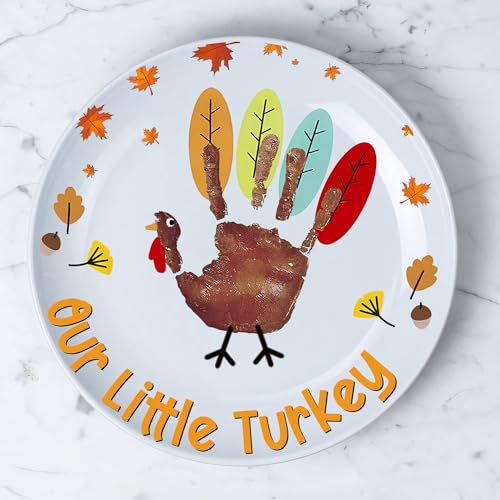 Image of Our Little Turkey DIY My Baby's First Thanksgiving Ceramic Novelty Plates Gifts for Babies, Handprint Footprint Crafts, Project Memory Keepsake Milestone, Happy Thanksgiving Decor 8'', Toddler Craft