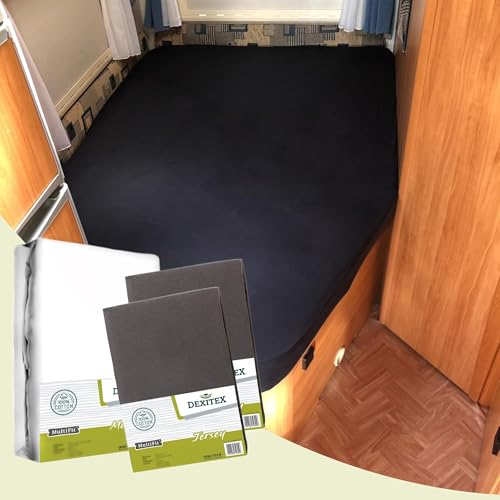 Dexitex - Ensemble - Lit français - 1 Protège Matelas Molton + 2 Drap Housses en Jersey anthracites pour Camping Car - Lit Caravane – Oeko Tex - 100% Coton...