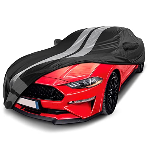Icarcover Custom Car Cover For 2005-2023 Ford Mustang Gt, Ecoboost, Mach 1, V6 Waterproof All Weather Rain Snow Uv Sun Protector Full Exterior Indoor Outdoor Car Cover (Stripe - Black/Gray) #TOP12