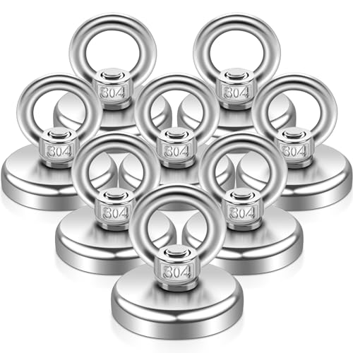 8 Stück Neodym Magnete Extra Stark Groß Magnetfischen 45kg,32MM Magnete Stark,Magnetfischen mit Heberinge und Schrauben, Starker Angelmagnet mit Loch für Camping Industrie Magneten Zuhause Werkstatt
