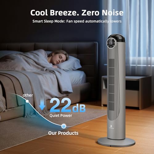 Image of Antarctic Star T36 Tower Fan-36 Inch, Bladeless Oscillating Fan with Remote, 6 Speeds & 4 Modes, LED Display, 9H Timer, Quiet Floor Standing Fan for Bedroom Living Room Office, Grey