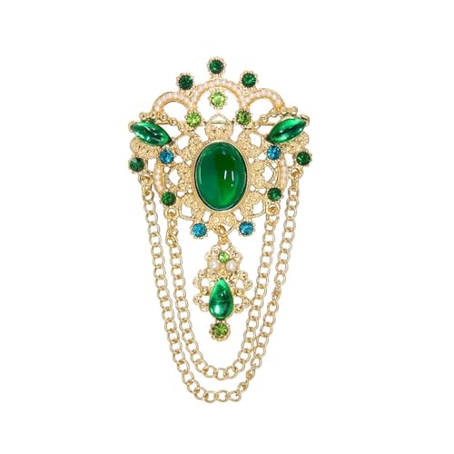 Image of Dainty Green Simulated CZ Tassel Drop Brooch Lapel Pins for Women Vintage Antique Gold-Tone Simulated Pearl Flower Brooches Pin for Dress Suit Accessories Fashion Jewelry