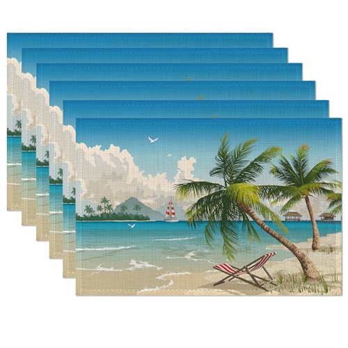 Tropical Beach Placemats Set of 6,Hawaii Palm Tree Placemats 12x18 Inch Waterproof Non-Slip Washable Table Mats for Kitchen Dining Party Table Decor,Set of 6