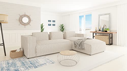 S-Style Möbel Nante Fünfsitziges Ecksofa Trendiges Modernes Ecksofa Nante Kord Stoff 262cm x 176cm x 64cm Gemütlich Lose Rückenlehnenkissen Schwarze Kunststoffbeine Eckseite Rechts Farbe Beige – Bild 3