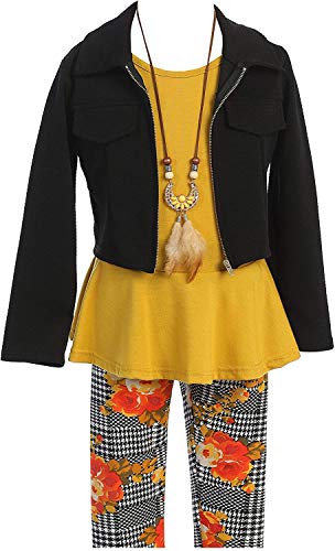 Image of iGirlDress Girls 4 Pieces Pant Set Long Sleeve Jacket Necklace Floral Plaid Pant 4-16