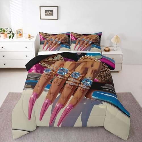 Image of Erosebridal Black Woman Full Bedding Set for Girls Teens Afro Magical Comforter Set Soft Microfiber Luxury African American Quilt Black Female Girls Bed Set for Melanin Bedroom Decor, 3 Piece