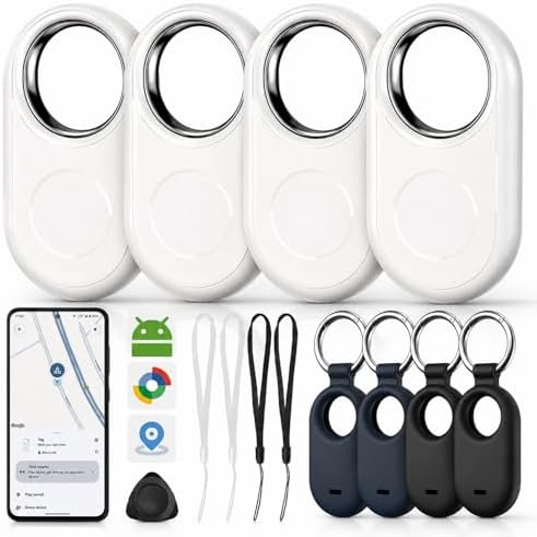 Tracker Android, Bluetooth Schlüsselfinder kompatibel mit Google Find Hub (Android 9.0+), Smart Tag für Schlüssel, Geldbörse, Taschen und Koffer, inkl. Hüllen und Clips 4pcs