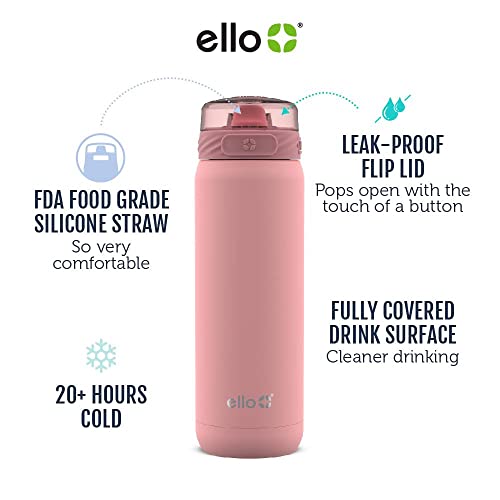 Image of Ello Cooper 22oz Stainless Steel Water Bottle with Straw and Carry Handle, Double Walled and Vacuum Insulated Metal, Leak Proof Locking Lid with Soft Silicone Spout, Reusable, BPA Free, Coral