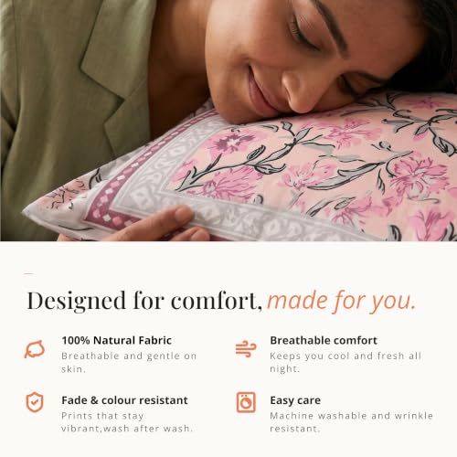 Image of Naksh Queen Size Bed Sheet Pink Floral Print 2 Pillow Covers | Pink Botanical Floral Print | Heritage Design for Queen Size Bedrooms
