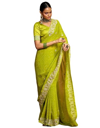 Image of SIRIL Women's Bandhani Printed Georgette Sequence Lace Scalloped Border Saree with Unstitched Blouse Piece