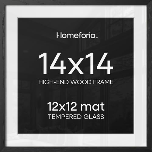 Image of Homeforia 14x14 Black Wood Frame, High End Oak 14 x 14 Square Picture Frames with Mat 12 by 12 inches Photo, 14by14 Black Wooden Poster Frames Matted to 12x12 Print, Tempered Glass, Wall Kit, Set of 1