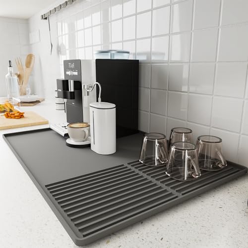 WUDIALIEN Silicone Coffee Mat with Raised Edges, 24'' x 16'' Bar Mat for Countertops, Fits Under Coffee Maker, Espresso Machine, Dish Drying Mat, Gray