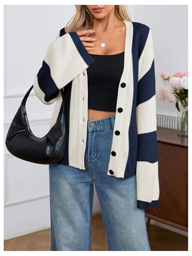 Women's Color Block Button Down Cardigan Bell Sleeve V Neck Knitted Outerwear4
