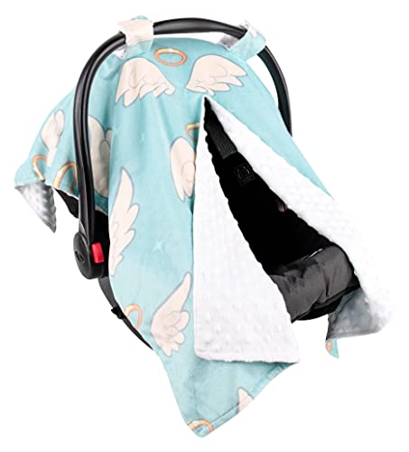 Image of Top Tots Deluxe Minky Baby Car Seat Cover - Angel Wings, 40 x 29 Inch White