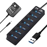 USB 3.0 Splitter, 7-Port USB 3.0 Hub with Individual Power Switches and Lights, Portable Expansion Data Hub with 5V/2A Power Adapter for Windows 10, 8.1, 8, 7, Vista, XP, Linux, Mac OS X