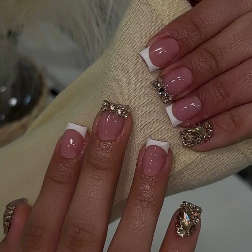 Image of White French Tip Press on Nails Short Nails Gold Rhinestone Nails Press ons