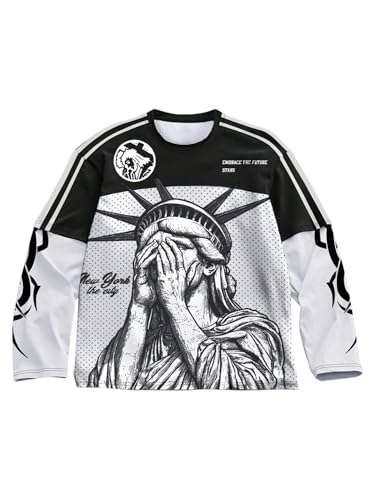 Image of VIPWOLF Men's Number Graphic Long Sleeve Jersey Shirts Oversized Y2K Round Neck 2 in 1 T-Shirts Streetwear Top
