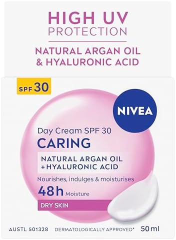 NIVEA Caring Day Cream SPF 30 50ml | With Almond Oil | Hydrating & Protective Formula | 24-Hour Moisture | UVA/UVB Protection | Face Moisturiser With SPF | For Dry & Sensitive Skin