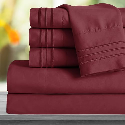 Image of Mocassi King Sheet Set - Luxury Hotel 1800 Premier Bedding Sheets & Pillowcases - Ultra Soft Breathable & Cooling Bed Sheets - Deep Pocket - Wrinkle Resistant - 6 Piece Set - King, Burgundy