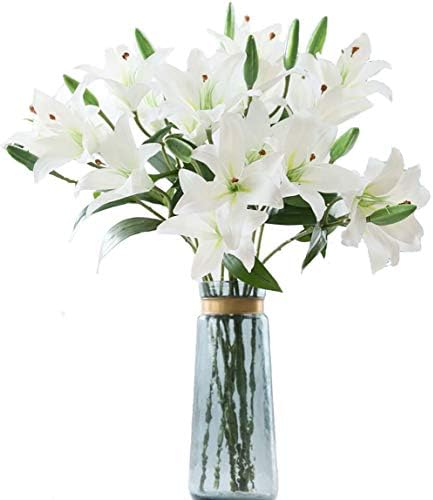 LNHOMY 6 Pack Artificial Lily Flowers Full Bloom Fake Latex Real Touch Artificial Flower Bouquets with 3 Heads Wedding Party Decor Home Decor, (White)