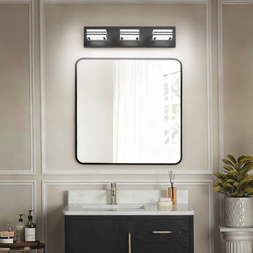 Image of SOLFART LED Bathroom Vanity Light Fixtures: 3 Light Matte Black Modern Acrylic Bathroom Wall Lighting Fixtures Over Mirror Cool White 6000K