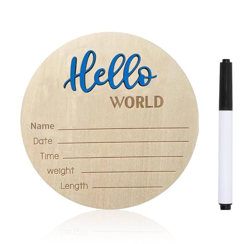 Image of Baby Announcement Sign, ​5.9 Inch Wooden Hello World Newborn Signs, Birth Announcement Sign, Baby Shower Hospital Nursery for Newborn Boys and Girls (Blue,Pen)