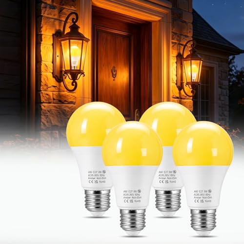 Bonlux Bombilla E27 Edison Ámbar LED Exterior Luz Cálida 2000K, 9W Reemplaza de 60W, No Regulable, Bombillas LED Exterior Lámpara E27 para Terraza Jardín Patio Cubierta Dormitorio, Pack de 4