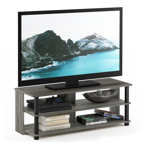 Image of Furinno Sully 3-Tier Stand for TV Up to 48 Inch, French Oak Grey /Black | Rectangular Entertainment Center, TV Console, Open Frame for Cable Management, for Living Room, Bedroom