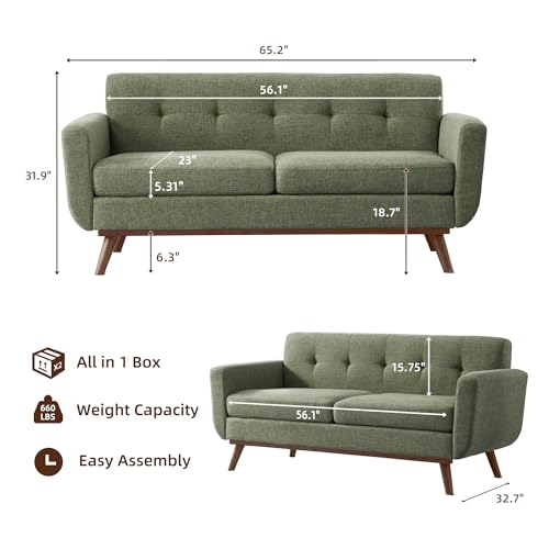 Image of Kingfun 65.2 inch W Loveseat Sofa, Mid Century Modern Decor Love Seat Couches for Living Room, Button Tufted Upholstered Furniture, Solid & Easy to Install Small Couch for Bedroom Office Apartment, Green