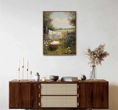 Image of KISSFOX Vintage Framed Wall Art For Laundry Room Decor Country Landscape Pictures Wall Decor Rustic Summer Wildflower Canvas Art Prints Modern Farmhouse Paintings Artwork