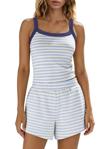 Panadila Women Striped Lounge Set 2 Piece Shorts Sets Spaghetti Strap Tank Top High Waisted Shorts Travel Outfits (Light Blue Yellow Combo S)